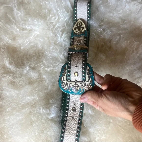 Western blue white rhinestone leather belt carnival cowgirl 